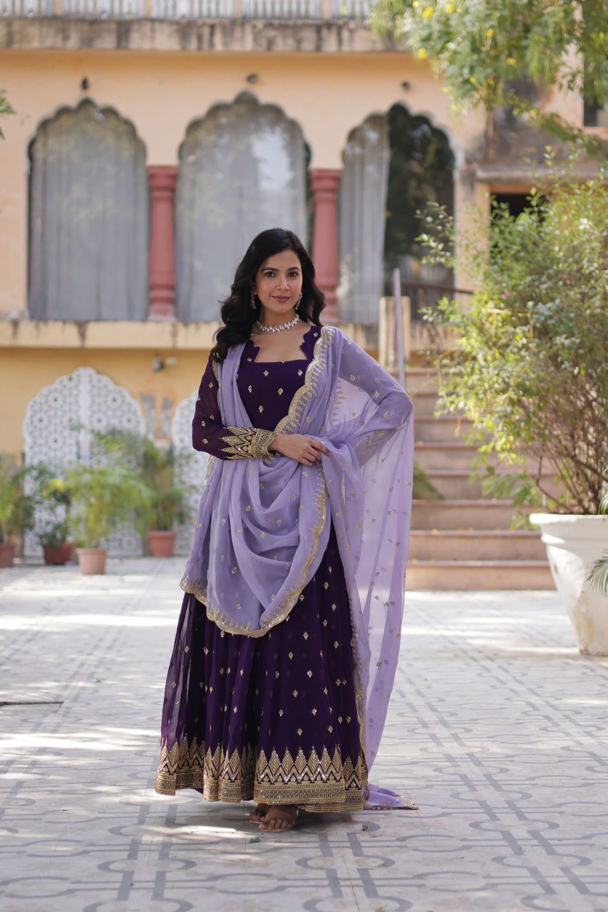 Purple color faux blooming gown for women images