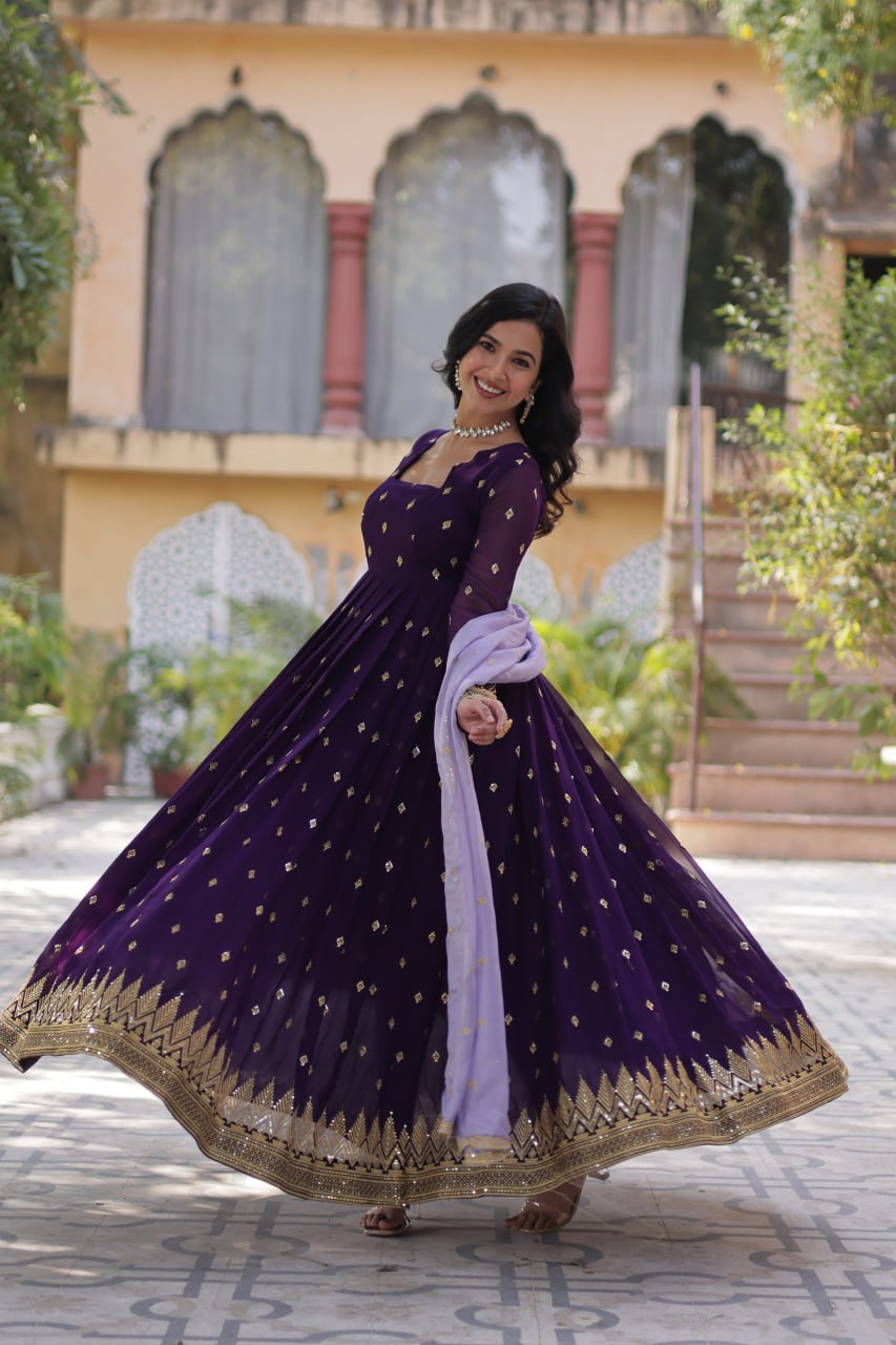 Purple color faux blooming gown with dupatta
