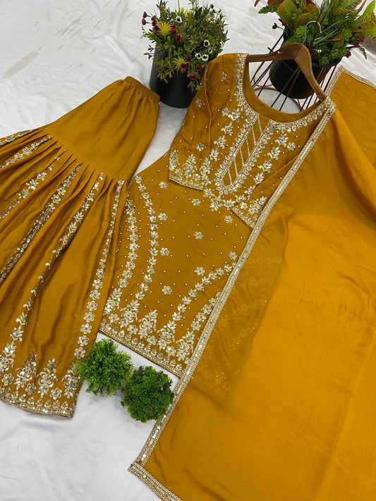 Mustard color georgette sharara suit for wedding