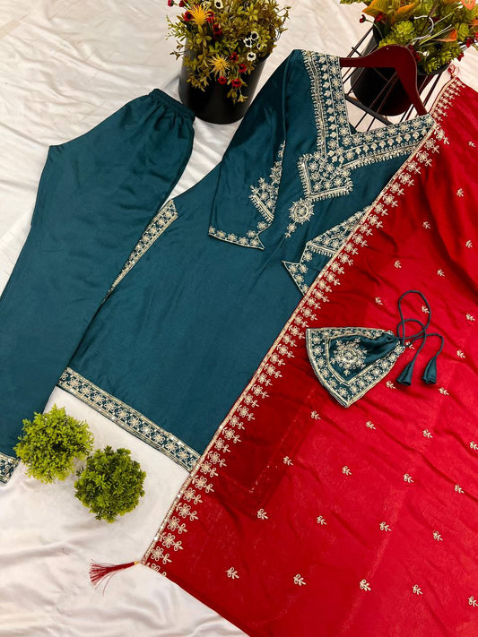 Teal blue color chinon silk salwar suit for wedding
