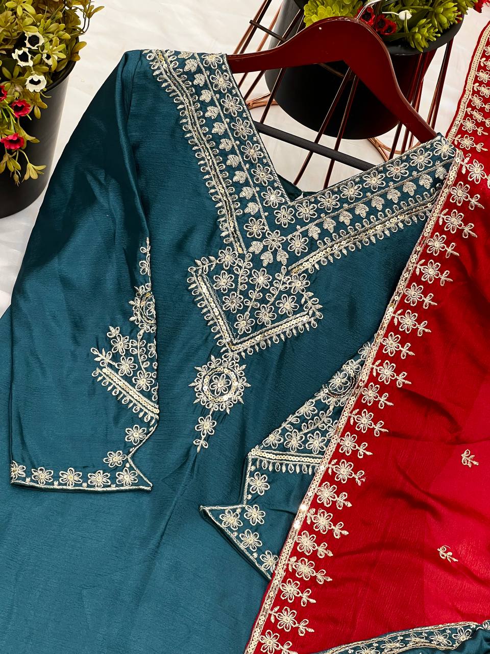 Teal blue color chinon silk salwar suit with price