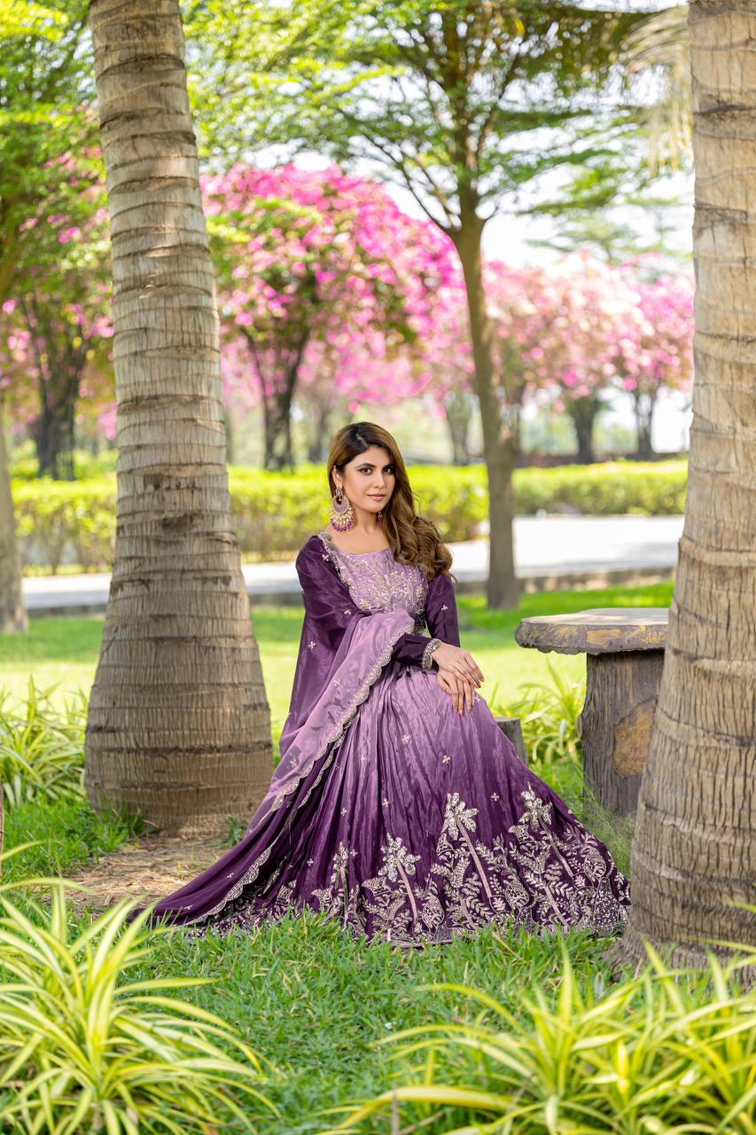 Purple color peding chinon gown with dupatta online