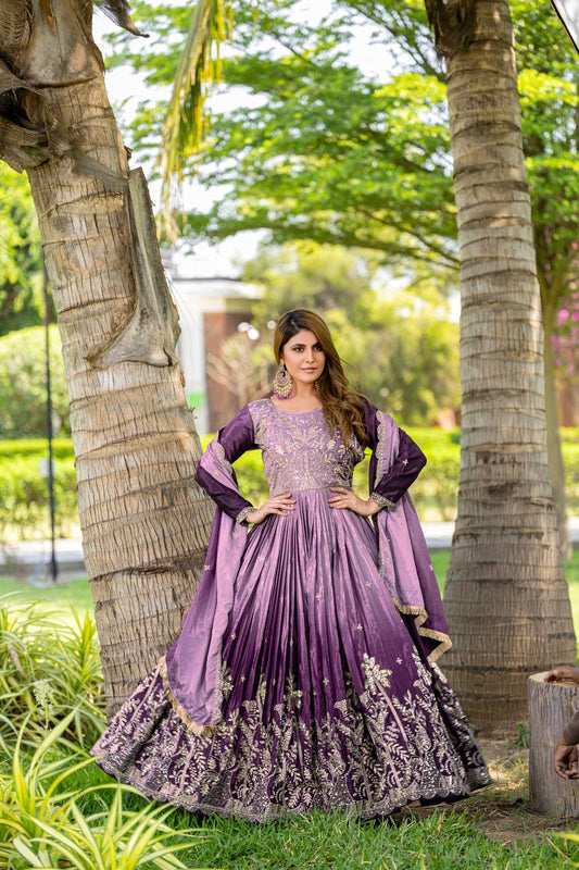 Purple color peding chinon gown for wedding