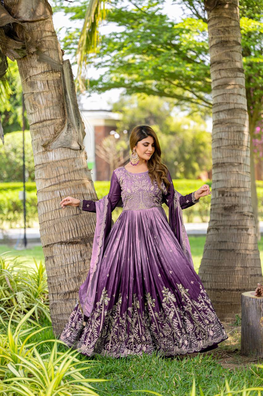 Presenting Purple Color Padding Chinon Gown For Festive Party XL / Purple Presenting Purple Color Padding Chinon Gown For Festive Party XL / Purple