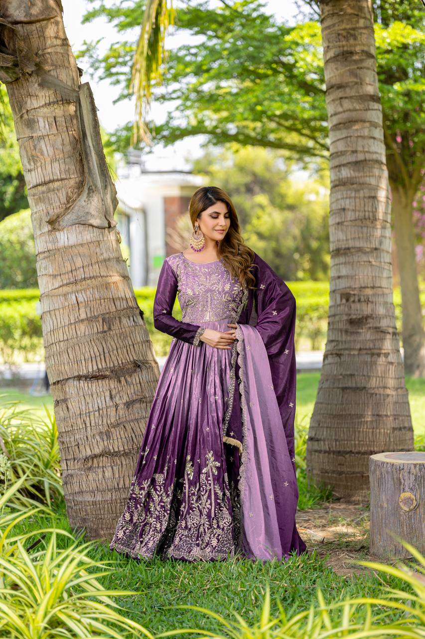Purple color peding chinon gown with dupatta