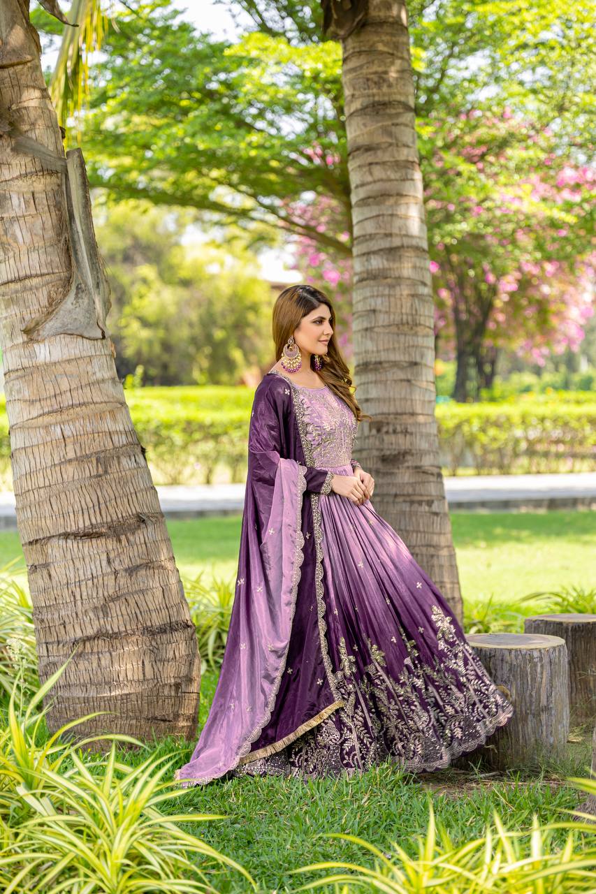 Purple color peding chinon gown with dupatta price