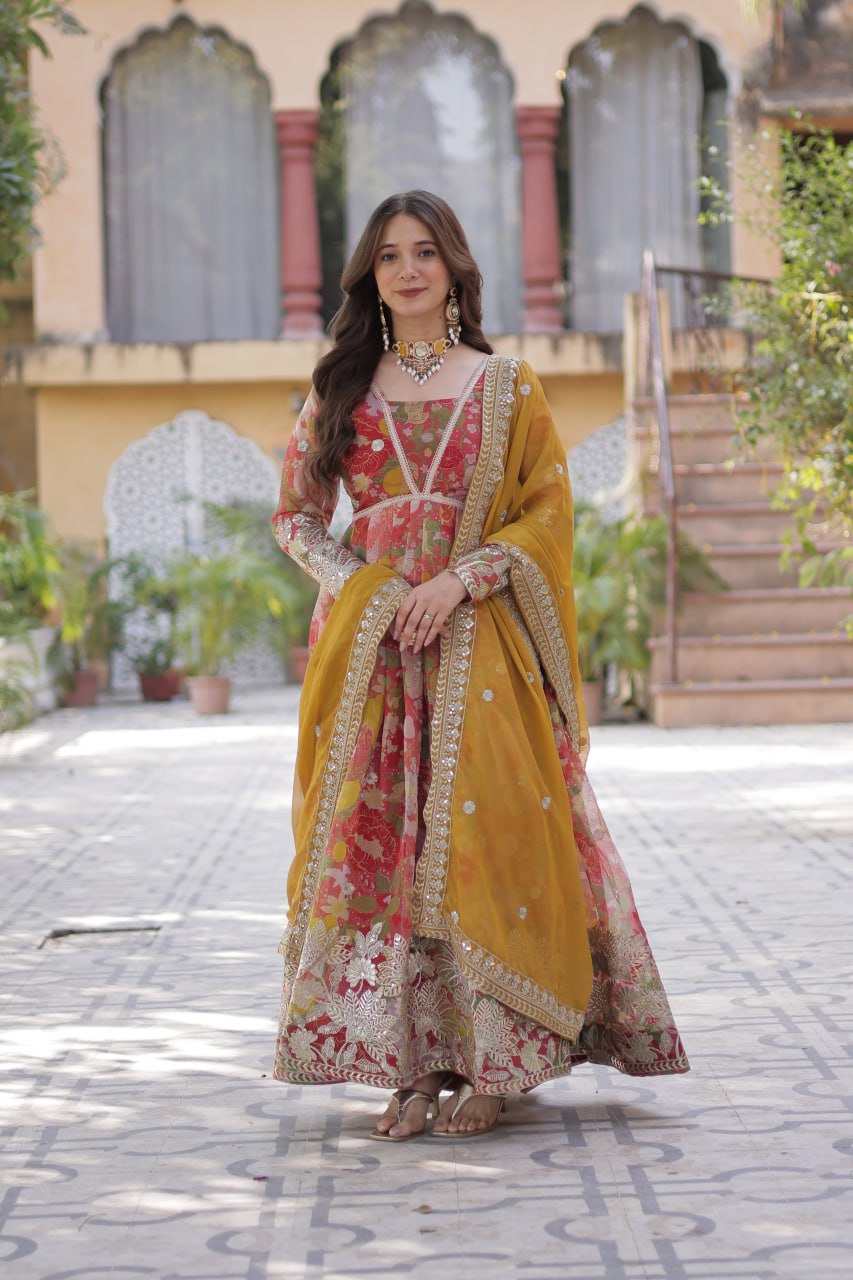 Multi color russian silk gown with dupatta online