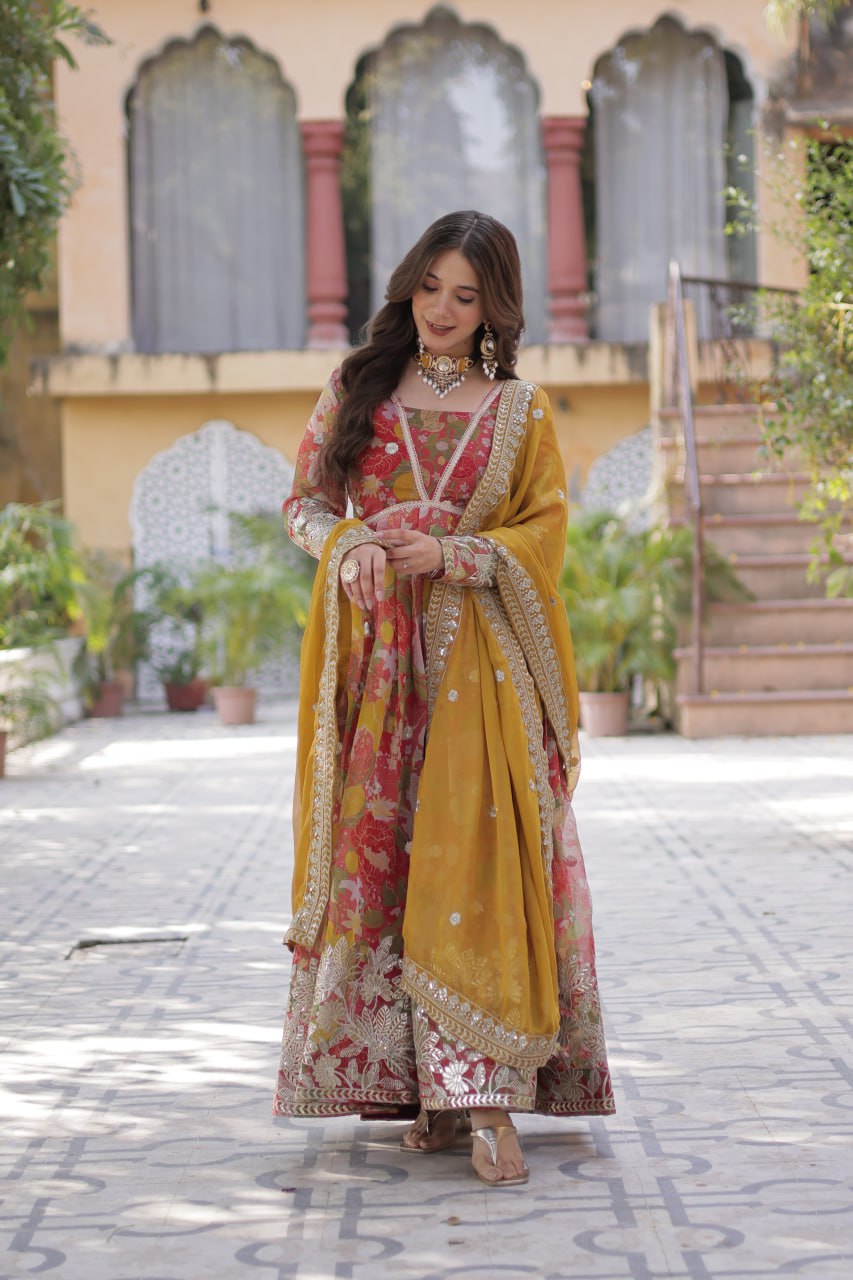 Multi color russian silk gown for party