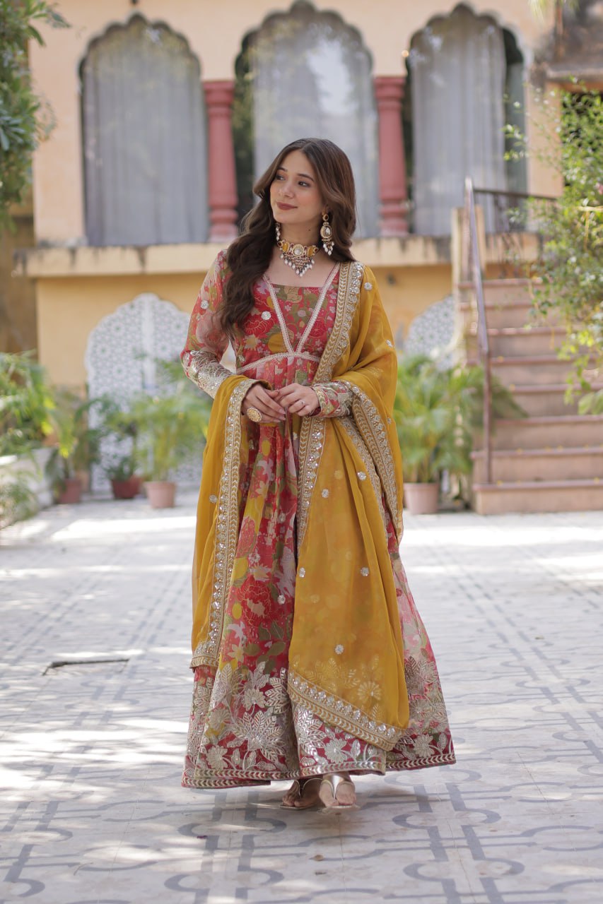 Multi color russian silk gown with dupatta price