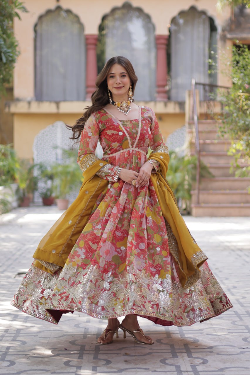 Multi color russian silk gown with dupatta online