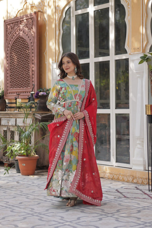 Multi color russian silk gown with dupatta online shopping