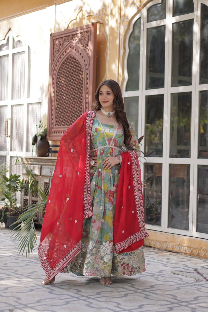 Multi color russian silk gown with dupatta price