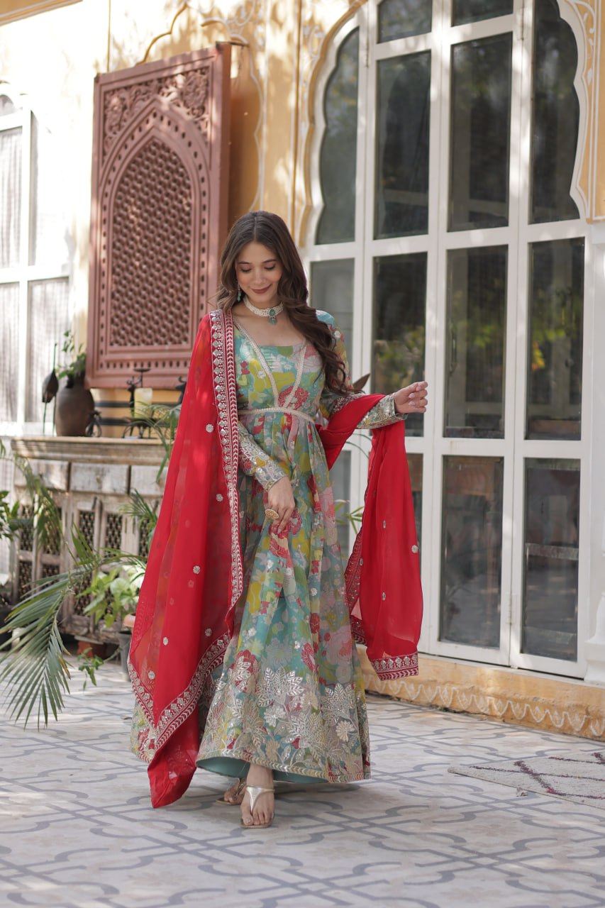 Multi color russian silk printed gown with dupatta