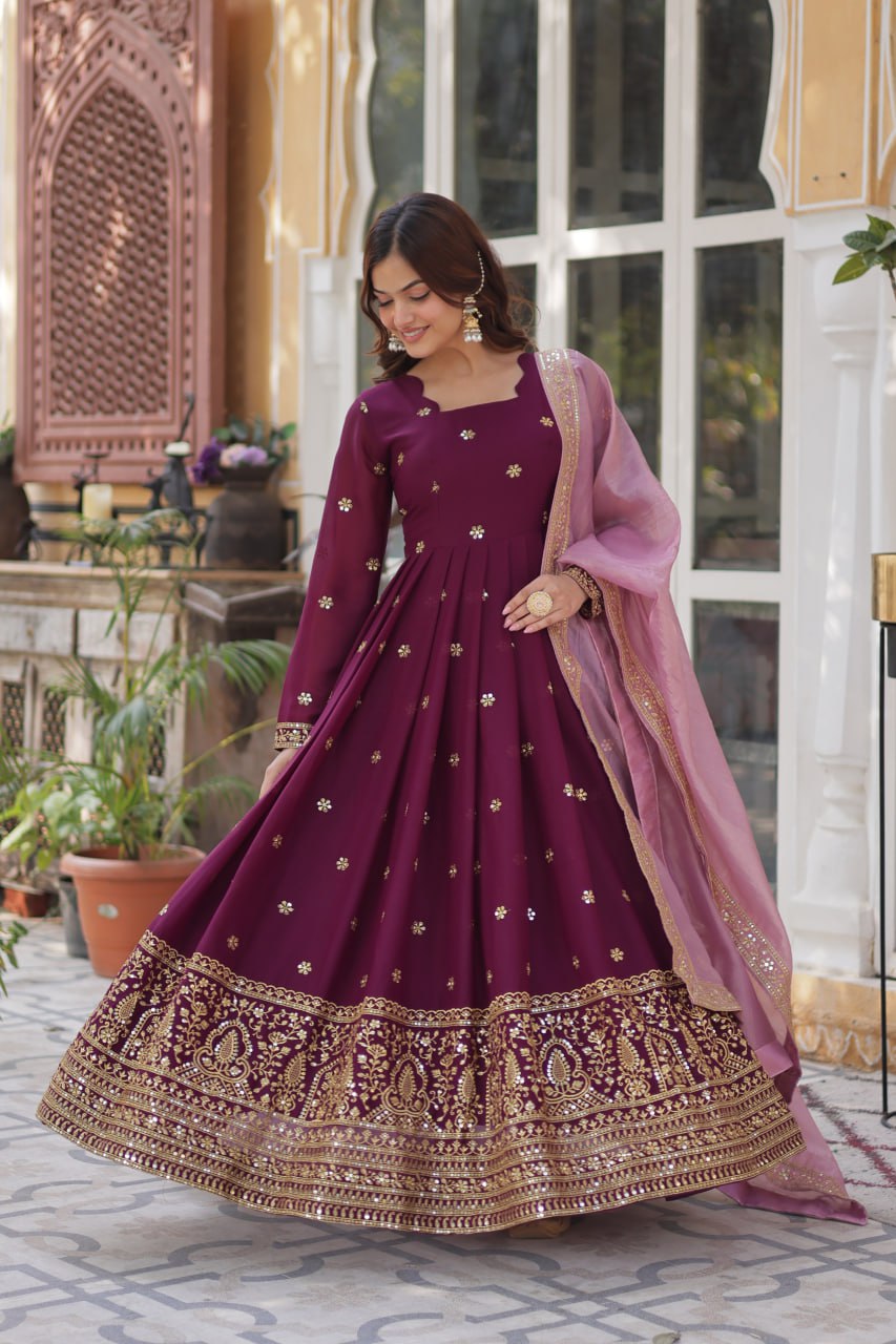 Wine color star georgette gown with dupatta for wedding
