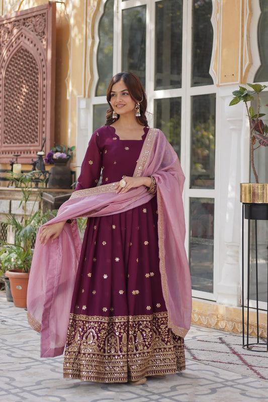 Wine color star georgette gown with dupatta online