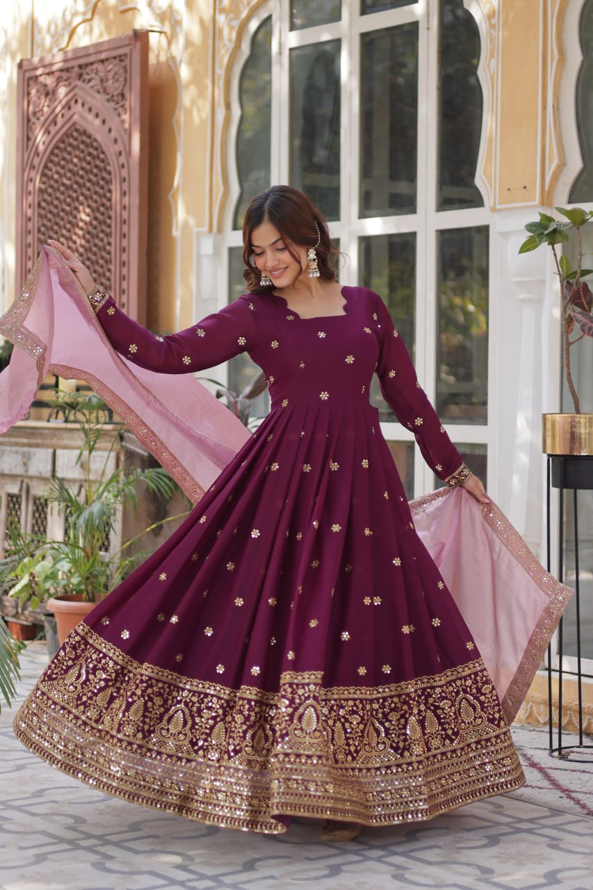 Wine color star georgette gown with dupatta online shopping
