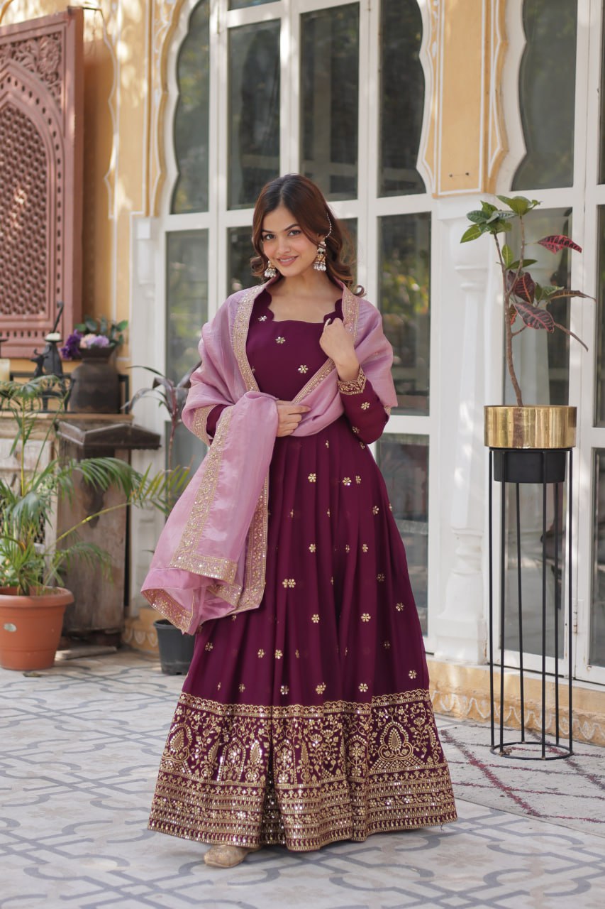 Wine color star georgette gown with dupatta price