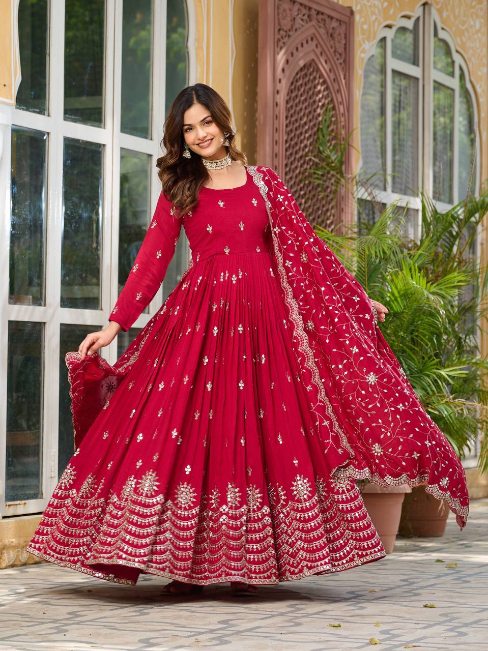Buy Red Color Vichitra Silk Wedding Anarkali Gown With Dupatta Buy Red Color Vichitra Silk Wedding Anarkali Gown With Dupatta