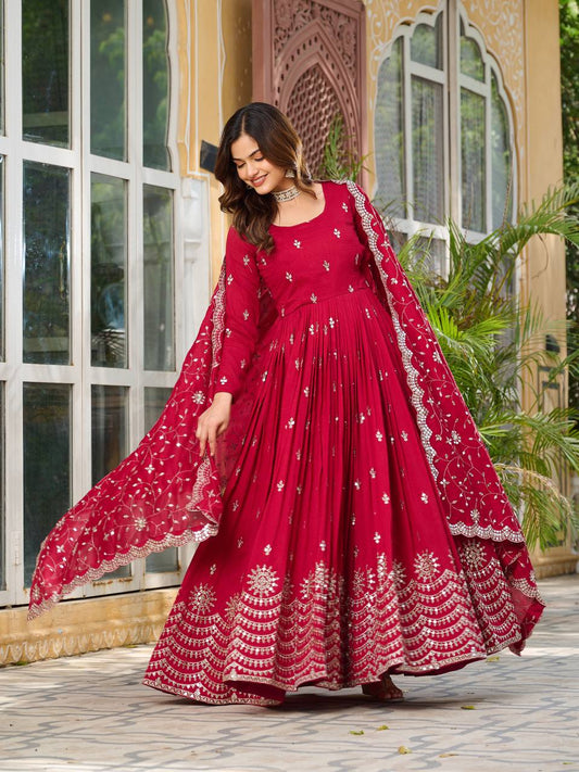 Red color vichitra silk gown with dupatta price