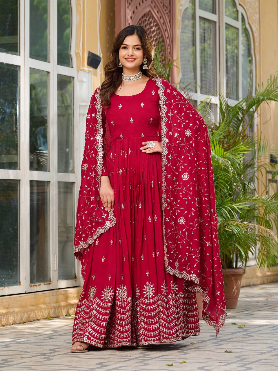 Red color vichitra silk gown with dupatta online shopping