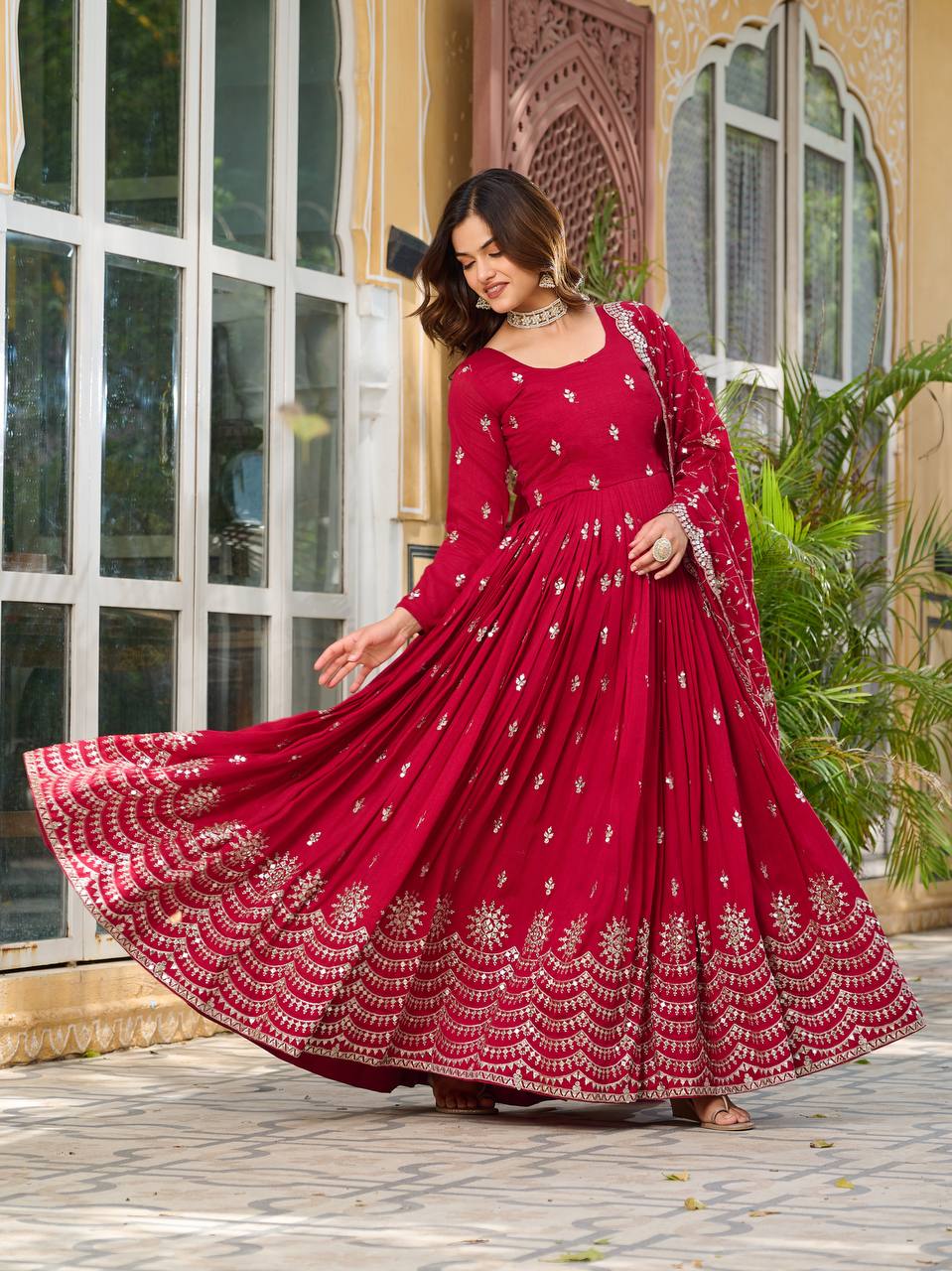 Red color vichitra silk gown with dupatta online