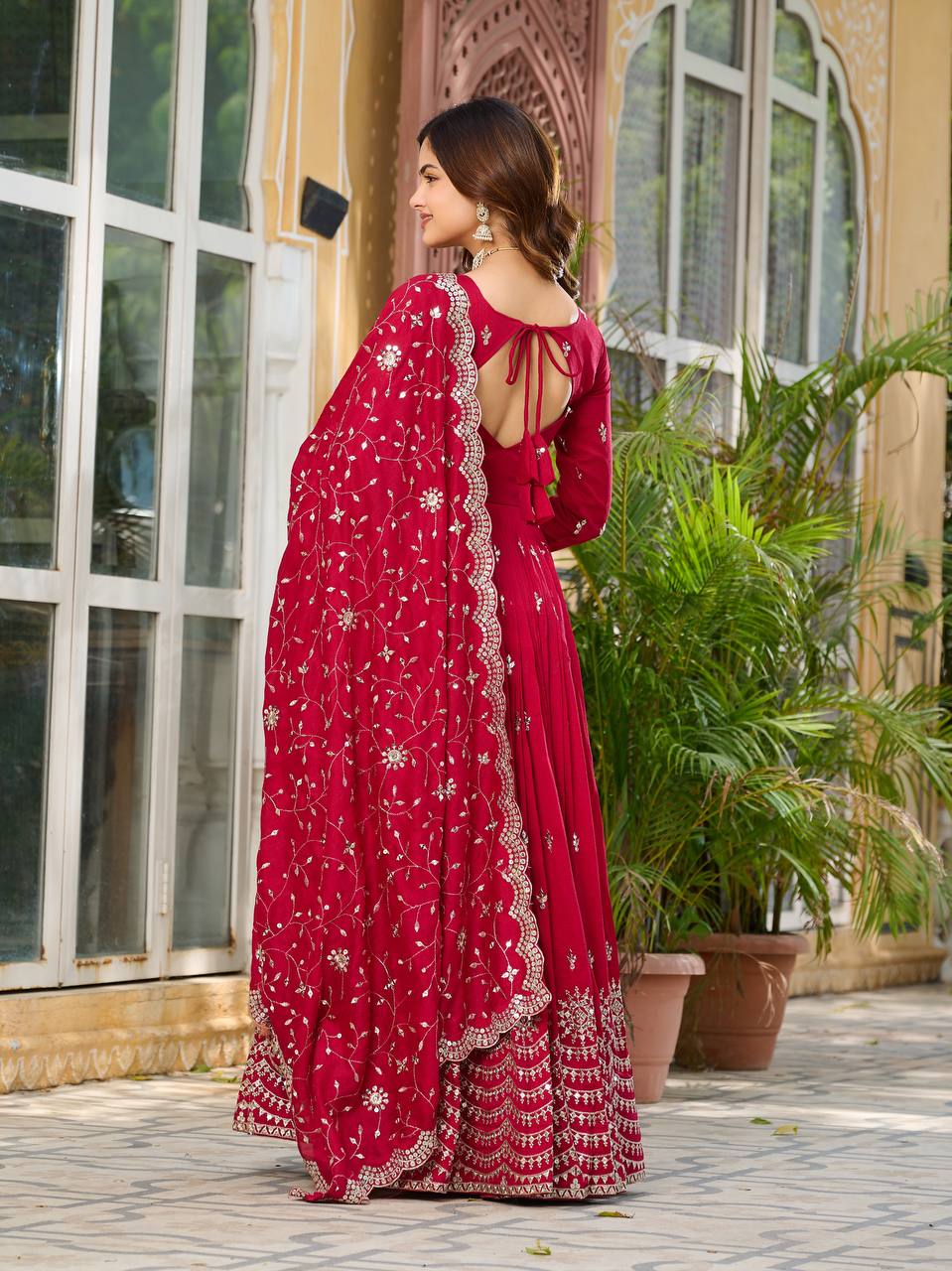 Red color vichitra silk gown with dupatta images