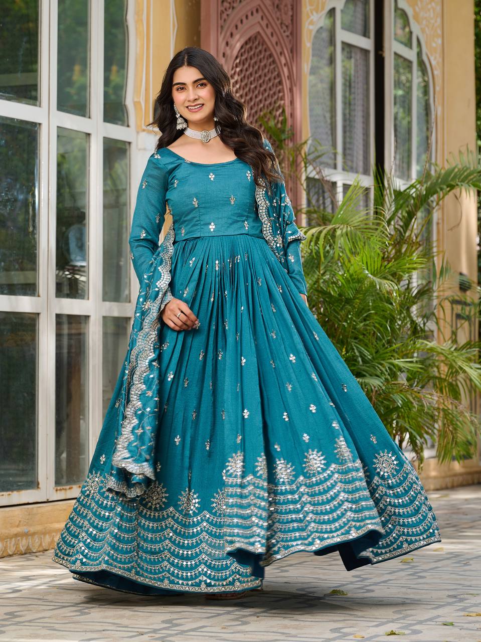 Rama color vichitra silk gown with dupatta