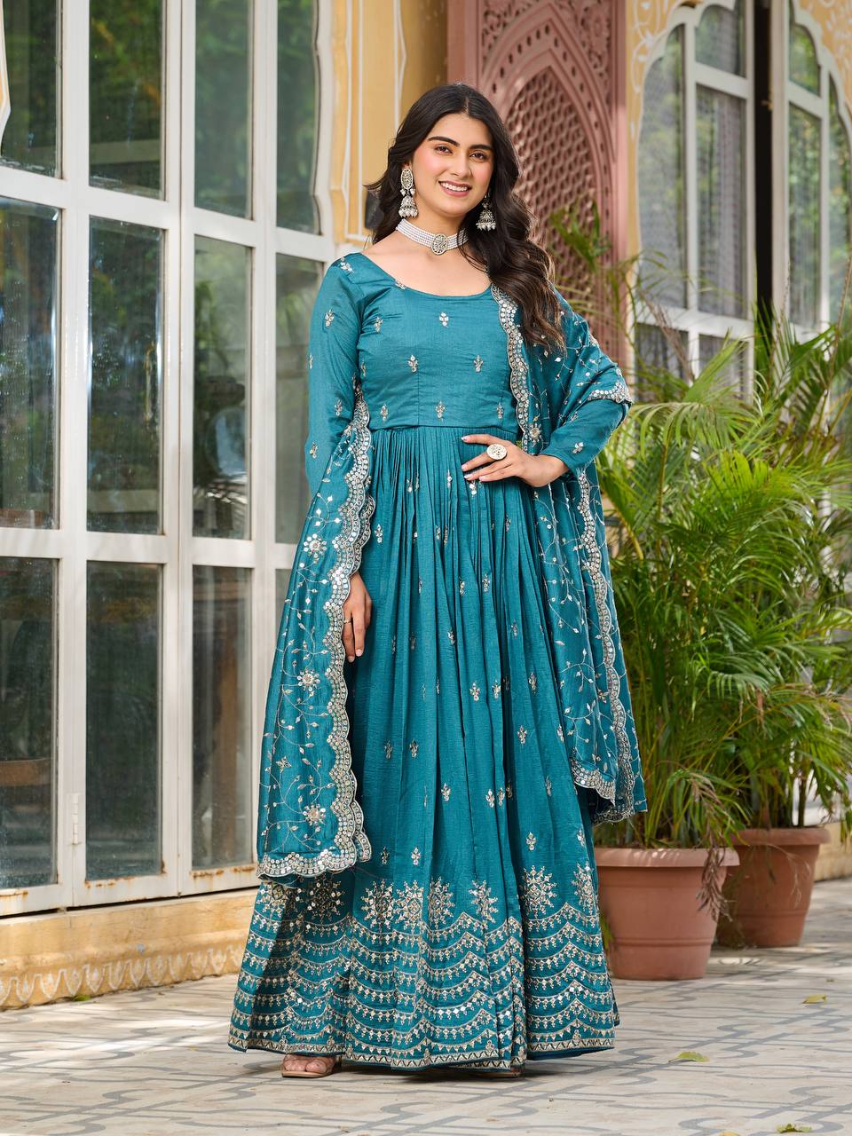 Rama color vichitra silk gown for wedding