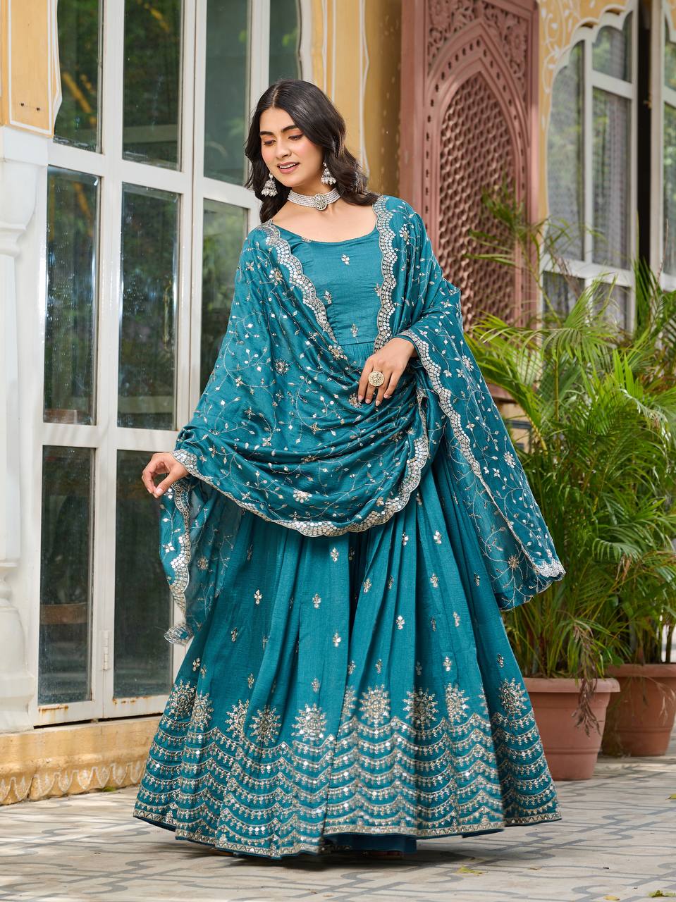 Rama color vichitra silk gown with dupatta price