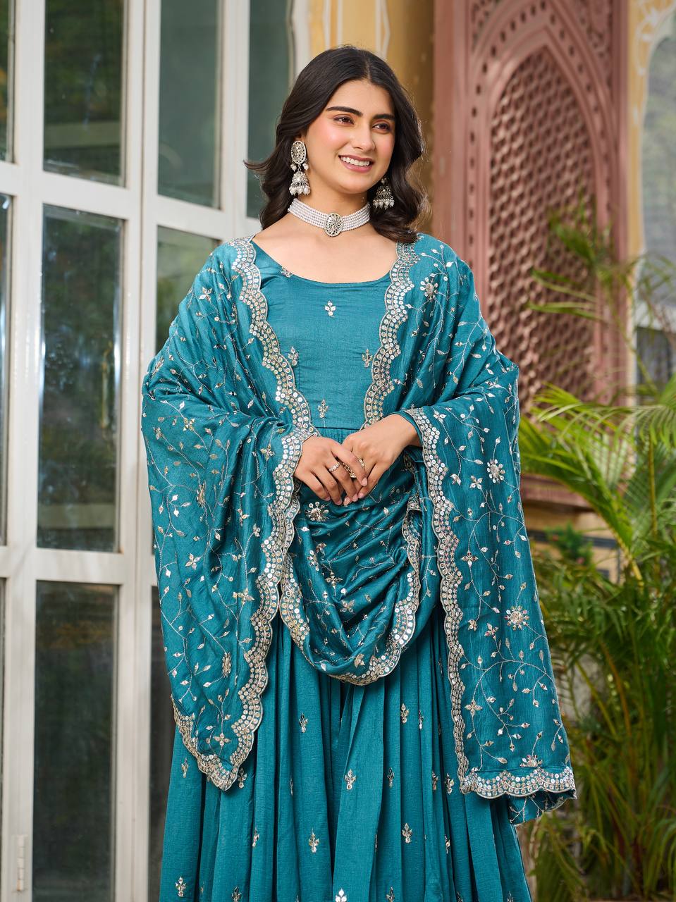 Rama color vichitra silk gown with dupatta price