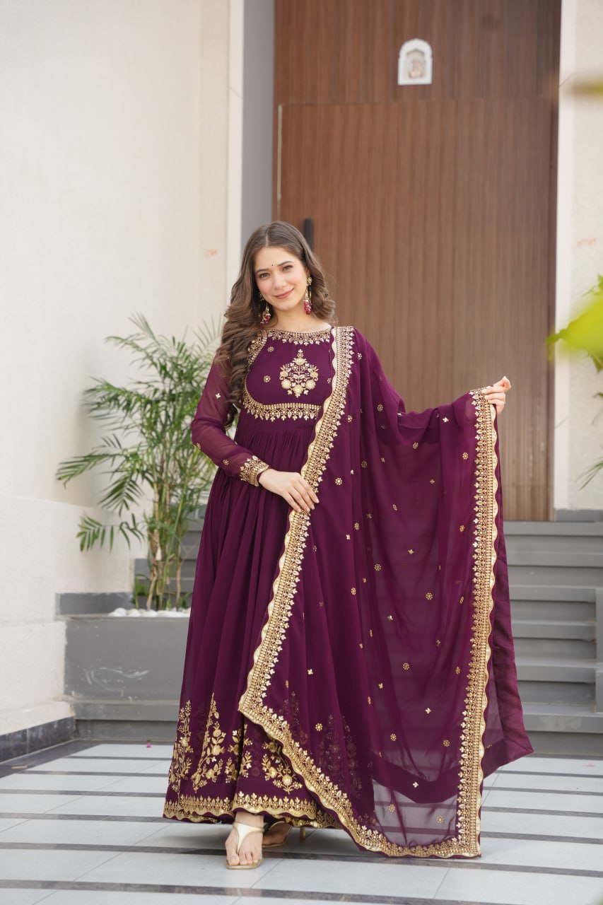 Wine color faux blooming gown for women