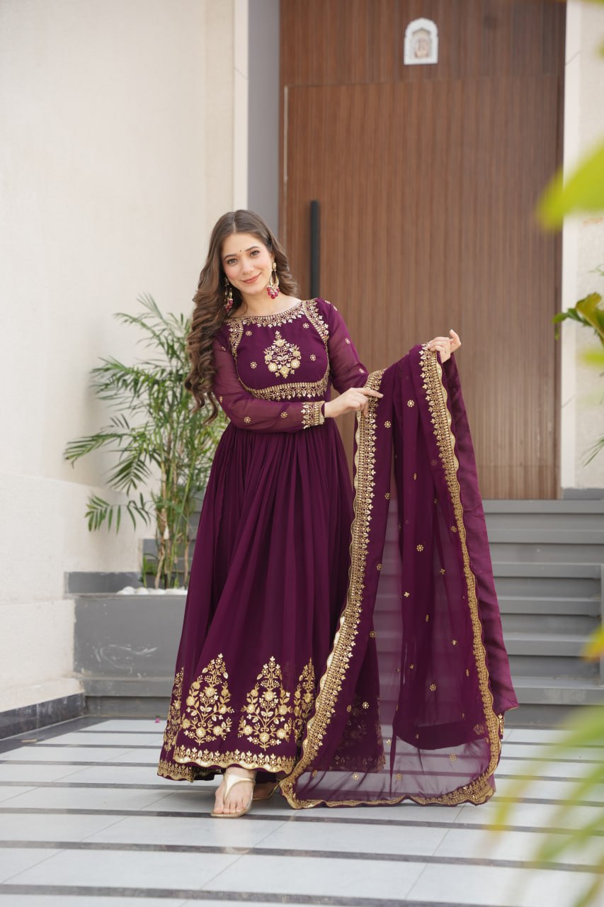 Wine color faux blooming gown with dupatta online