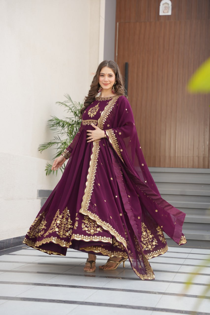 Wine color faux blooming gown with dupatta images