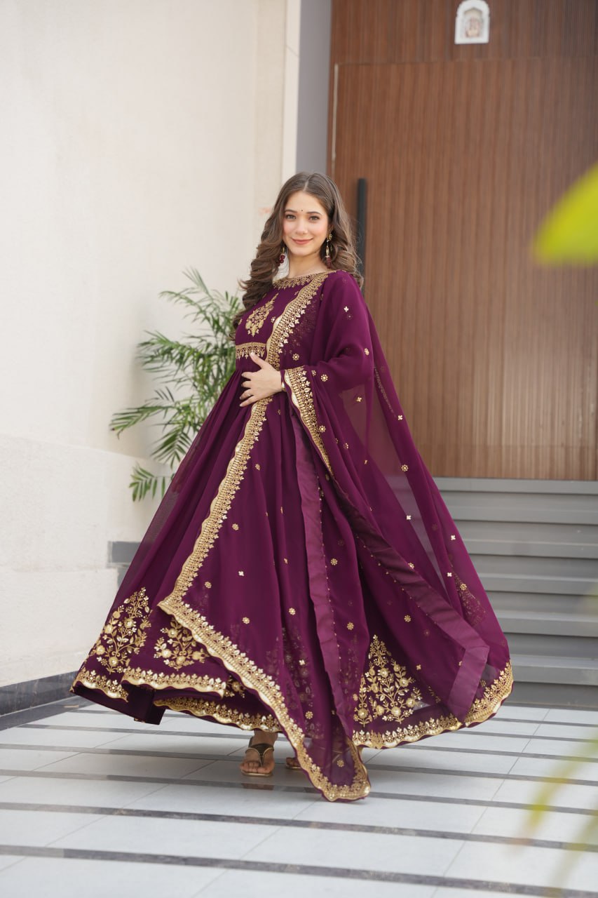 Wine color faux blooming gown with dupatta price