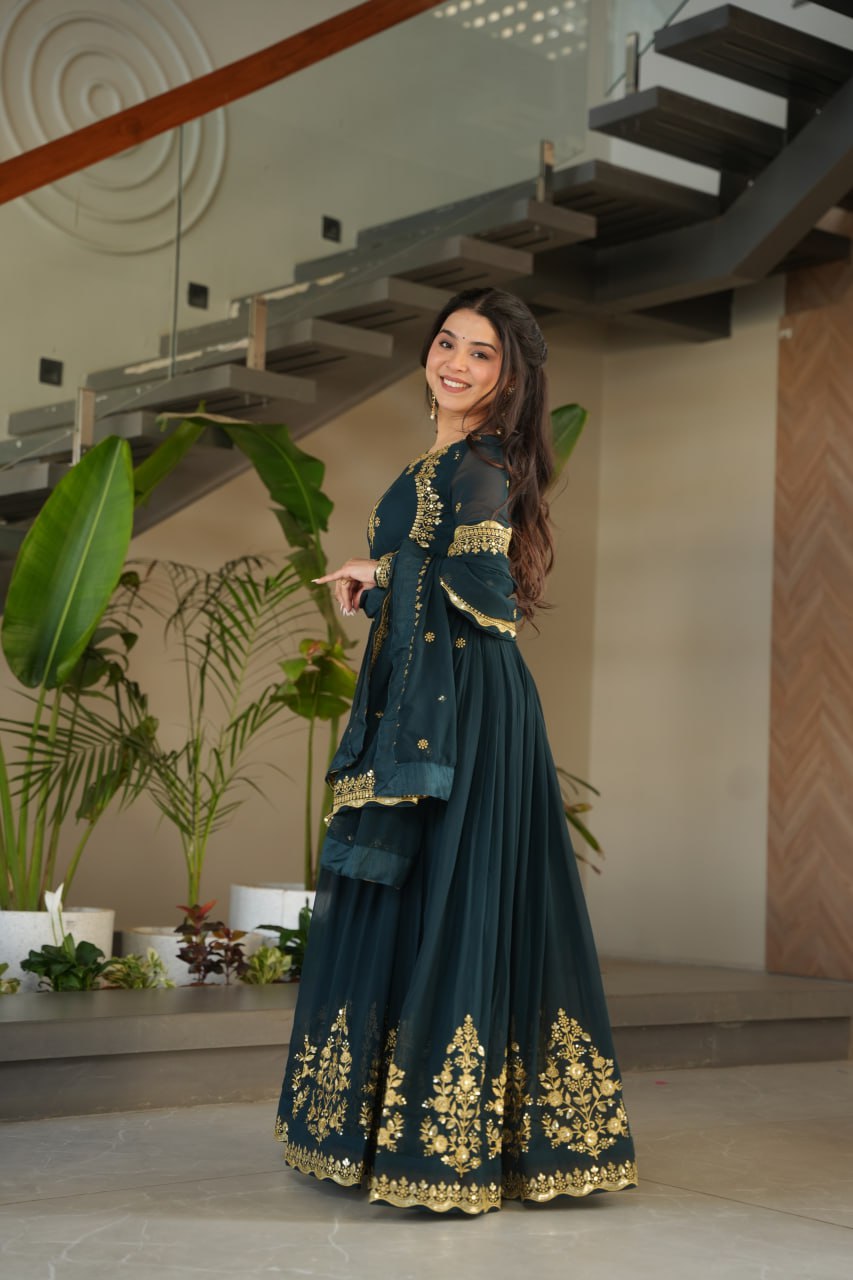 Rama color faux blooming gown with dupatta online shopping