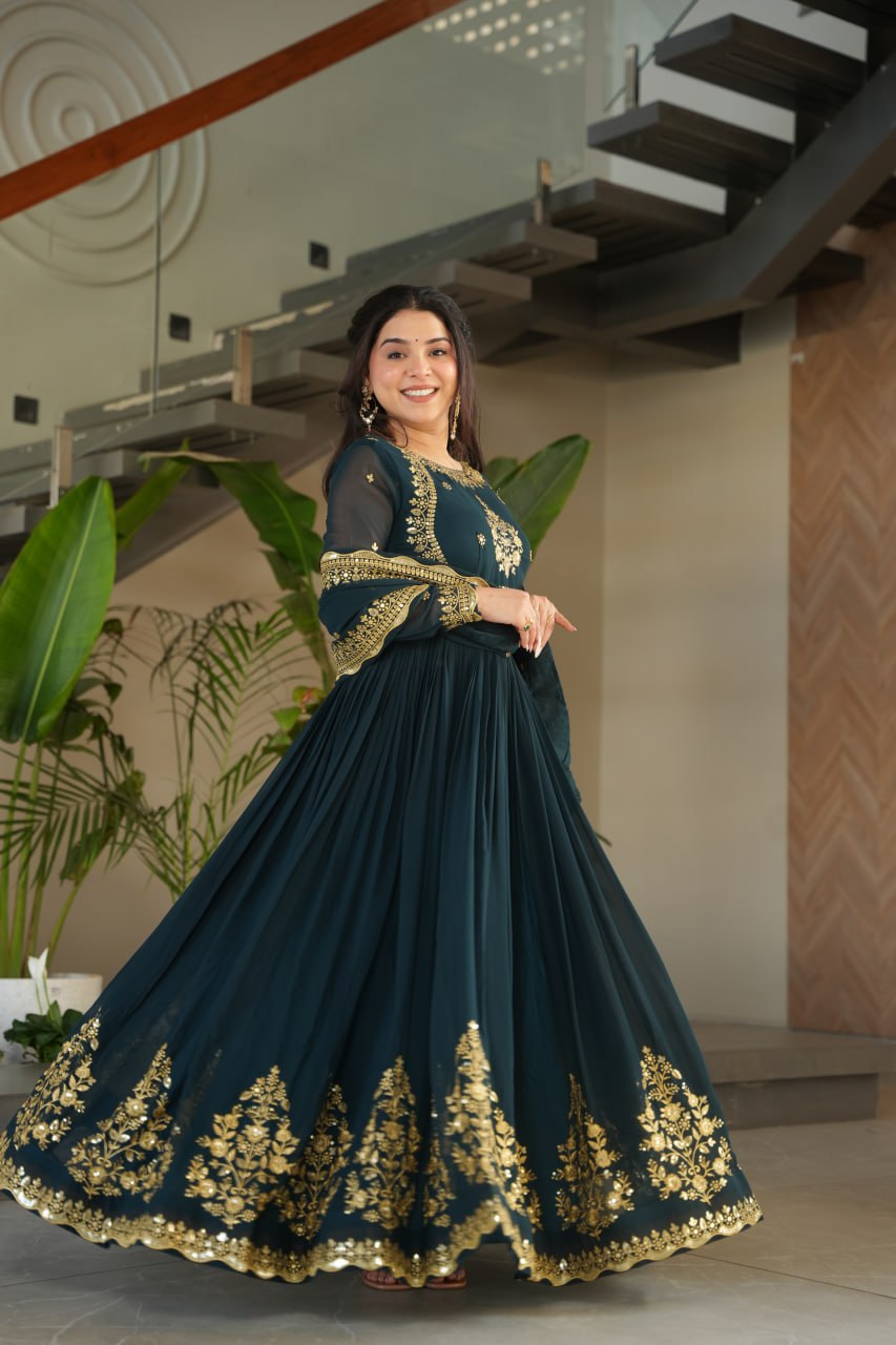 Rama color faux blooming gown with dupatta