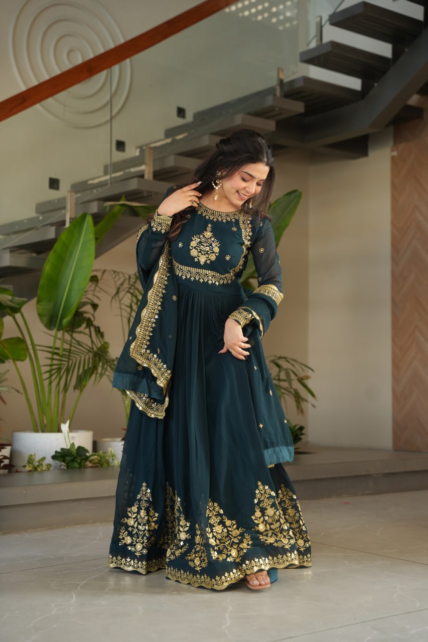 Rama color faux blooming gown with dupatta online