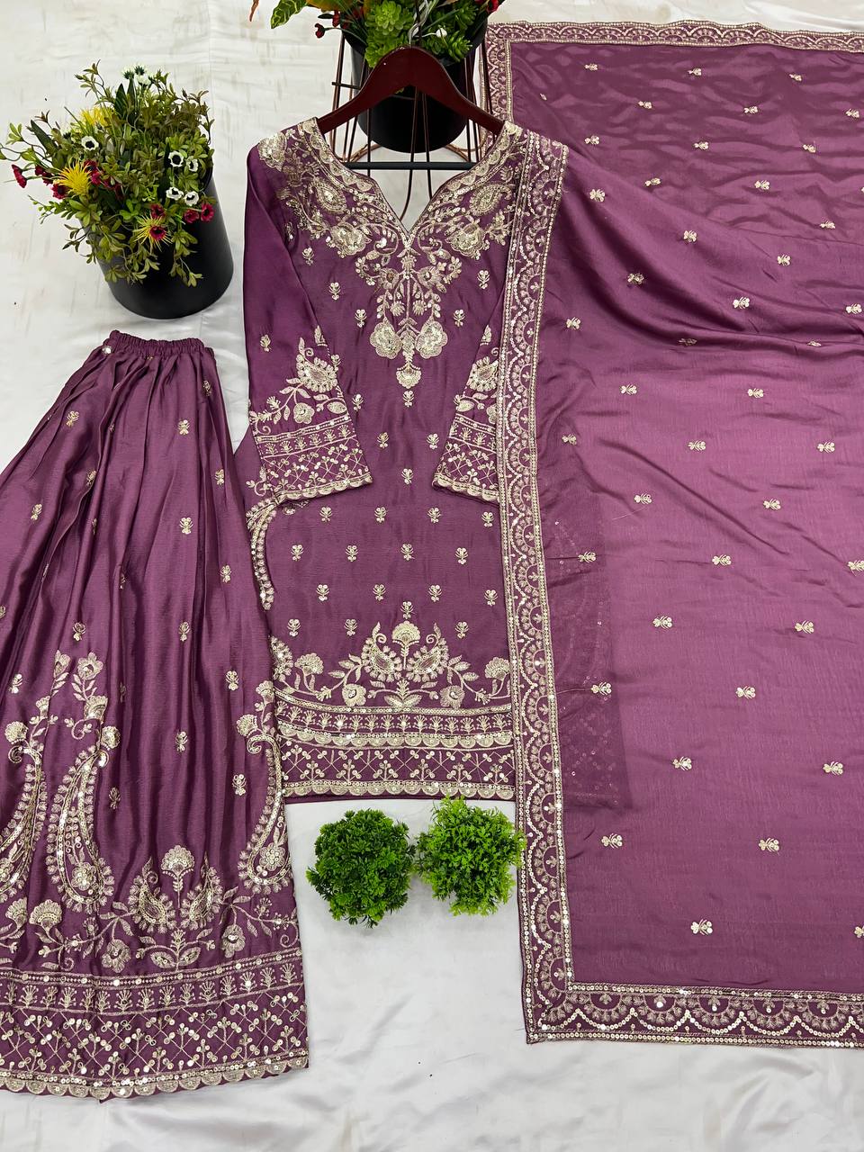 Wine color chinon silk sharara suit with dupatta images