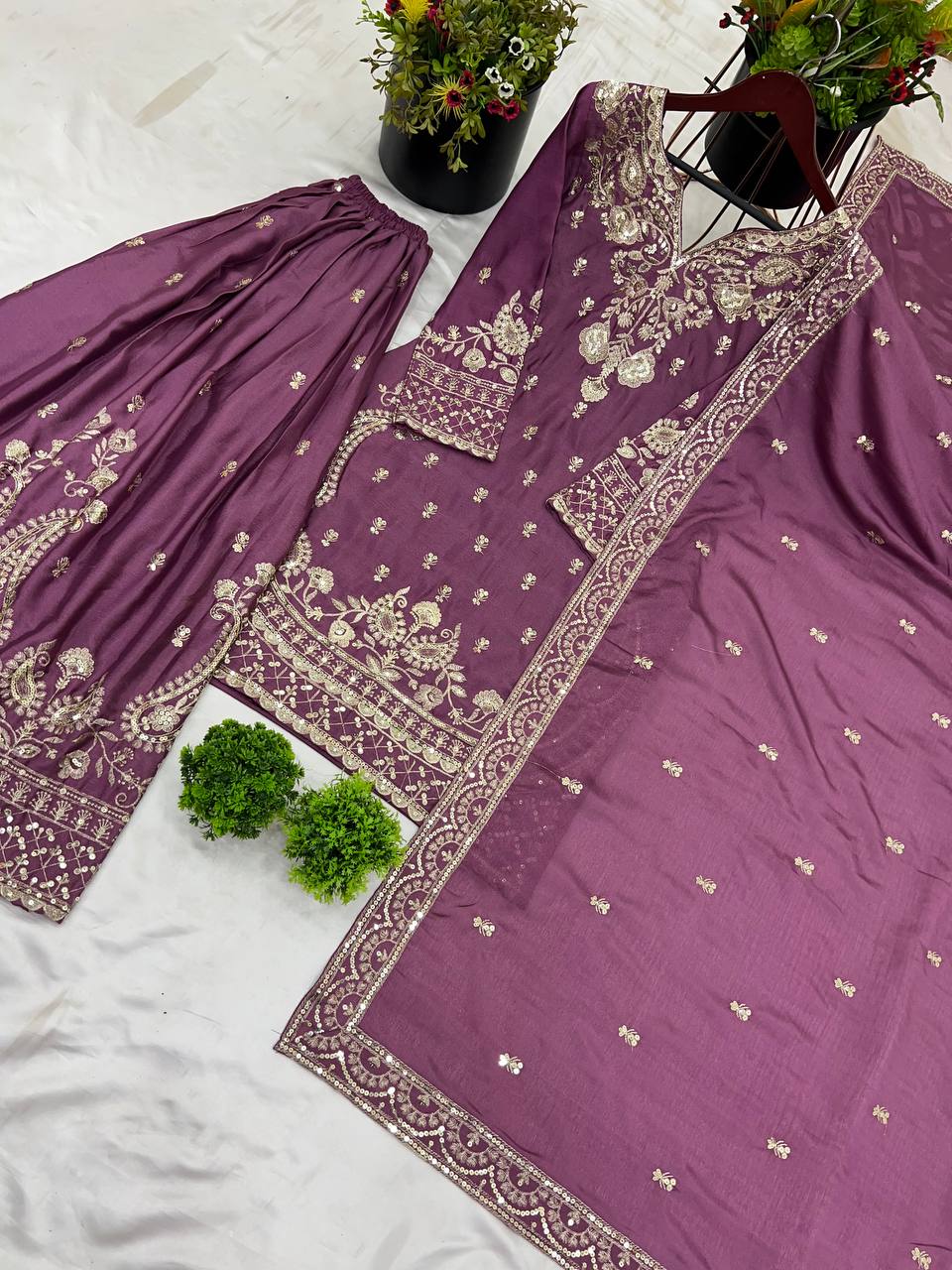 Wine color chinon silk sharara suit with dupatta online