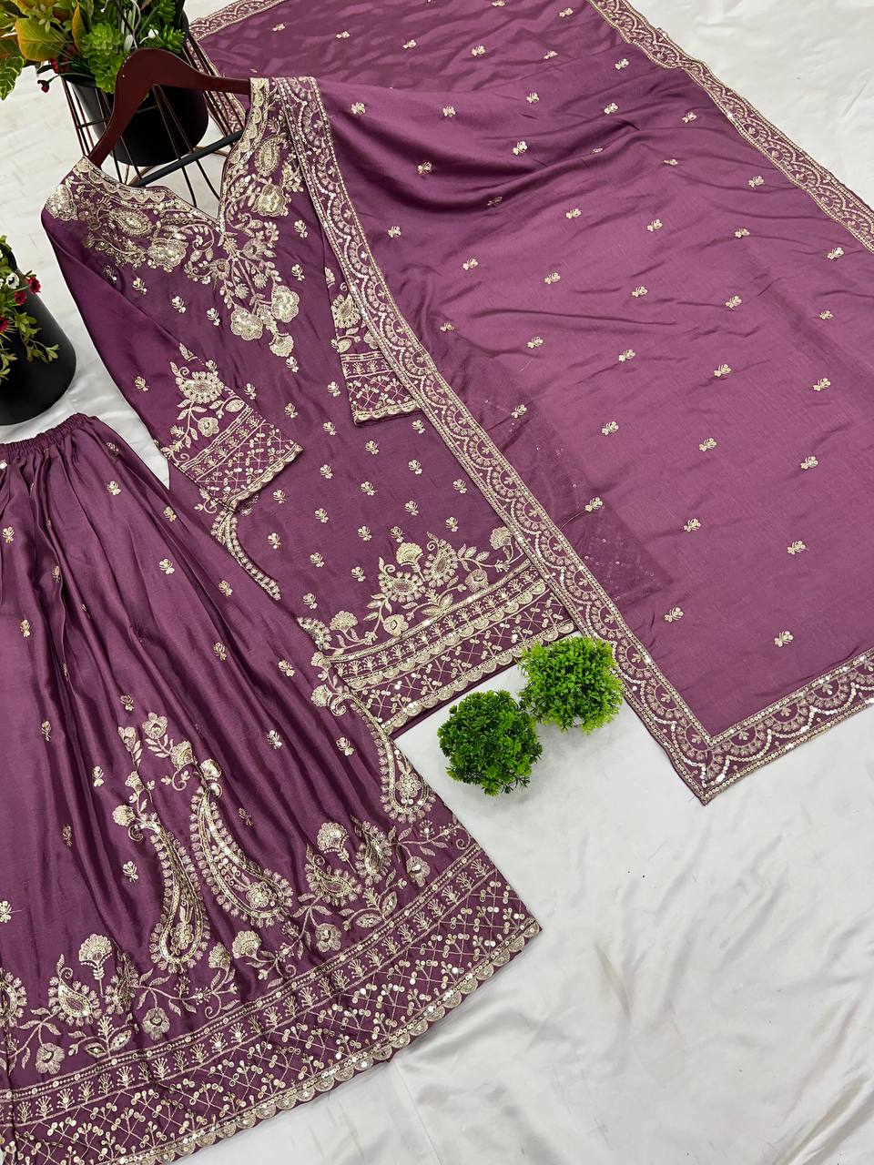 Wine color chinon silk sharara suit with dupatta online shopping