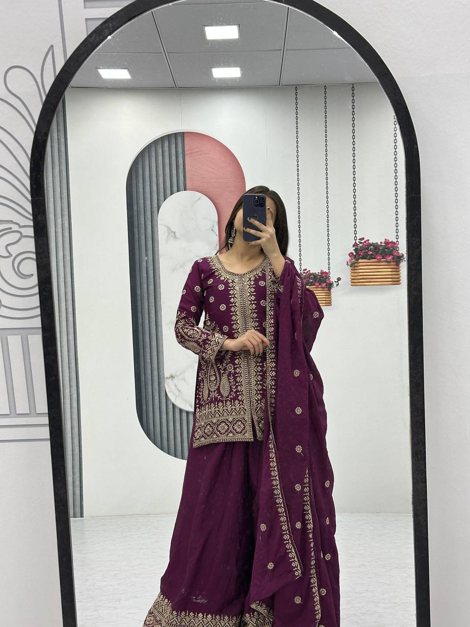 Wine color georgette sharara suit with dupatta