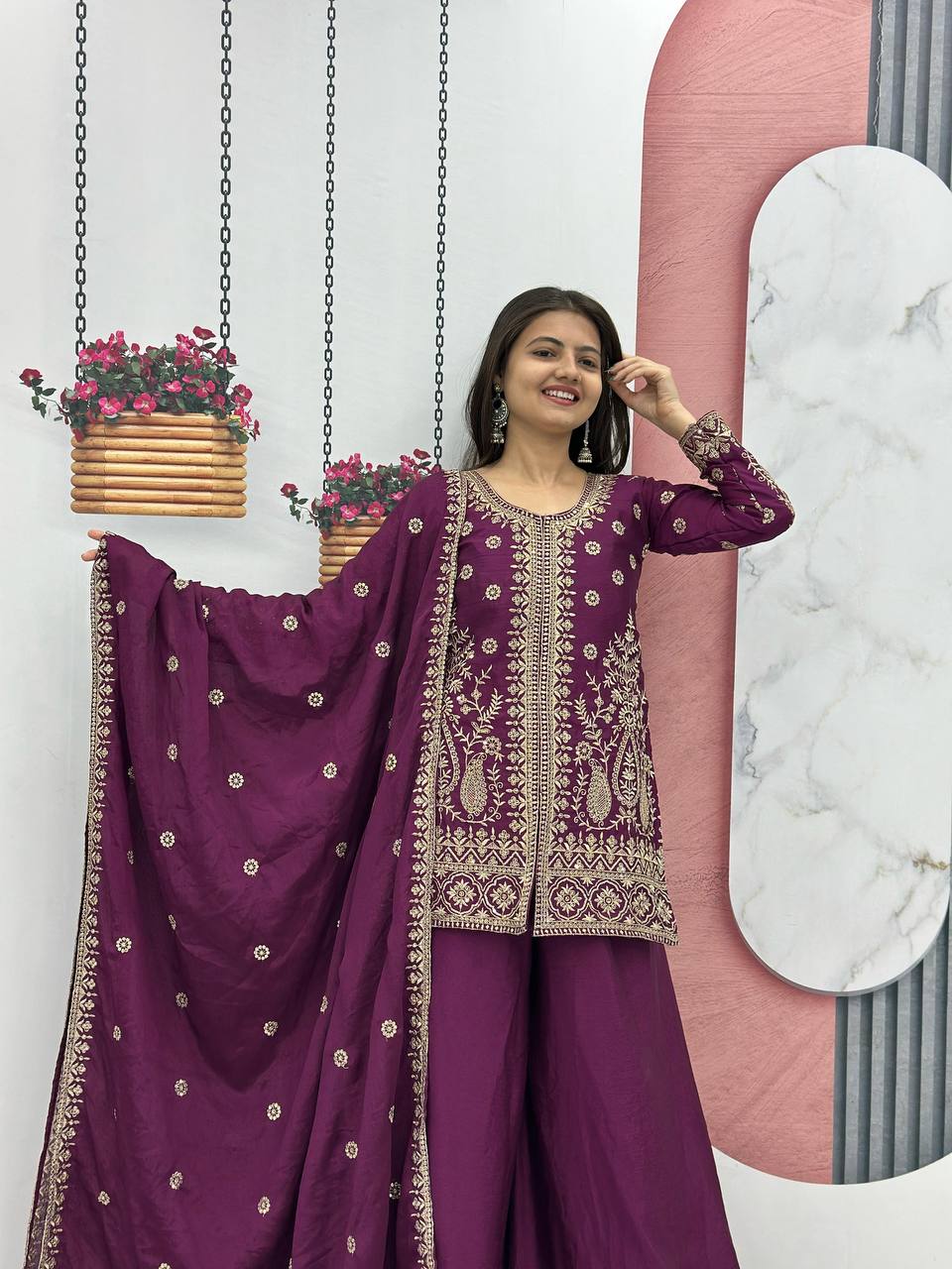 Wine color georgette sharara suit with dupatta images