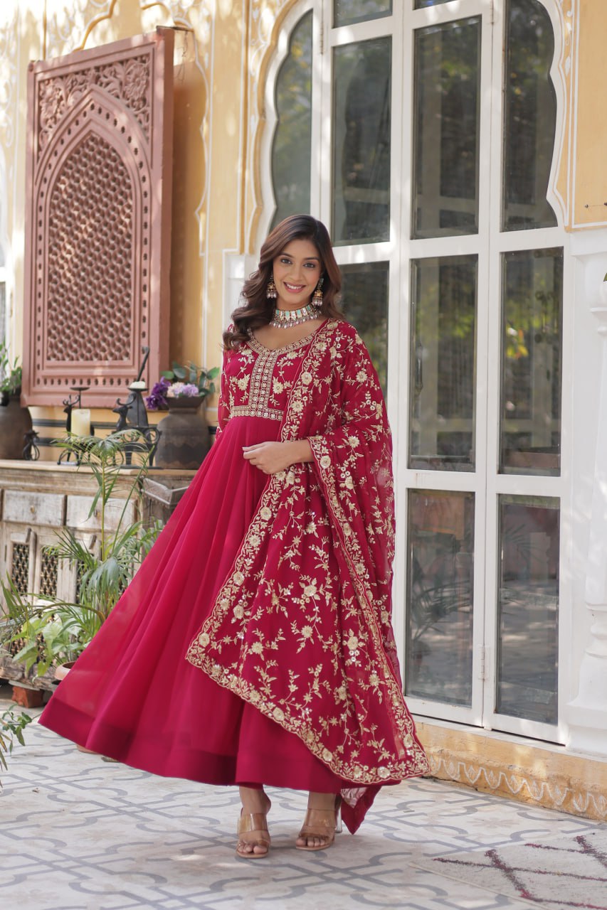 Pink color faux blooming gown with dupatta online shopping