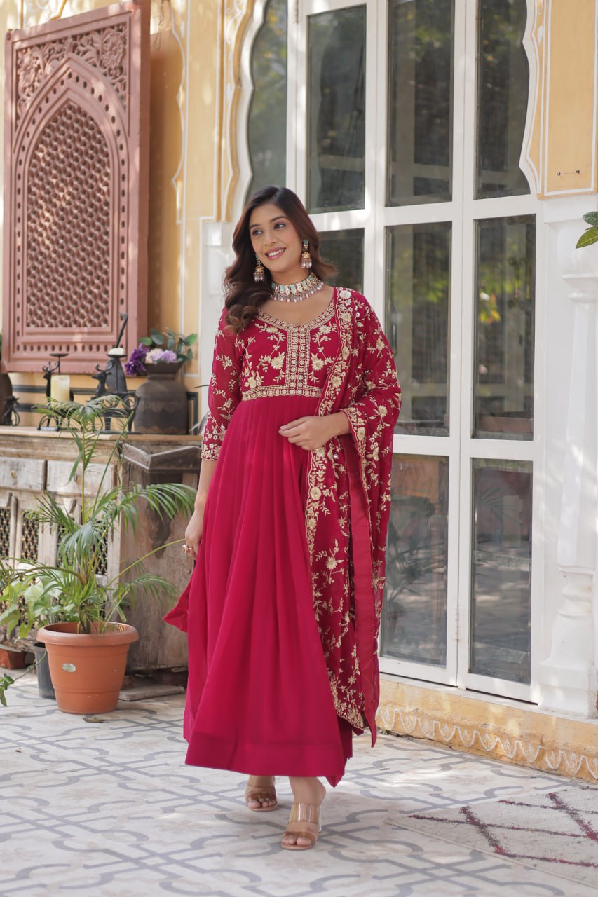 Pink color faux blooming gown with dupatta online