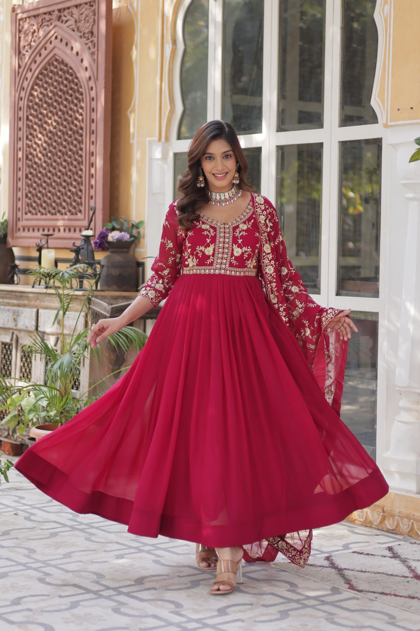 Pink color faux blooming gown with dupatta