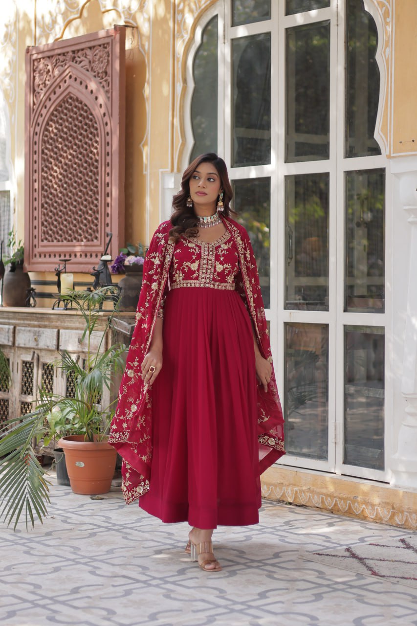Pink color faux blooming gown with dupatta design