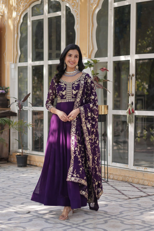 Purple color faux blooming gown for women