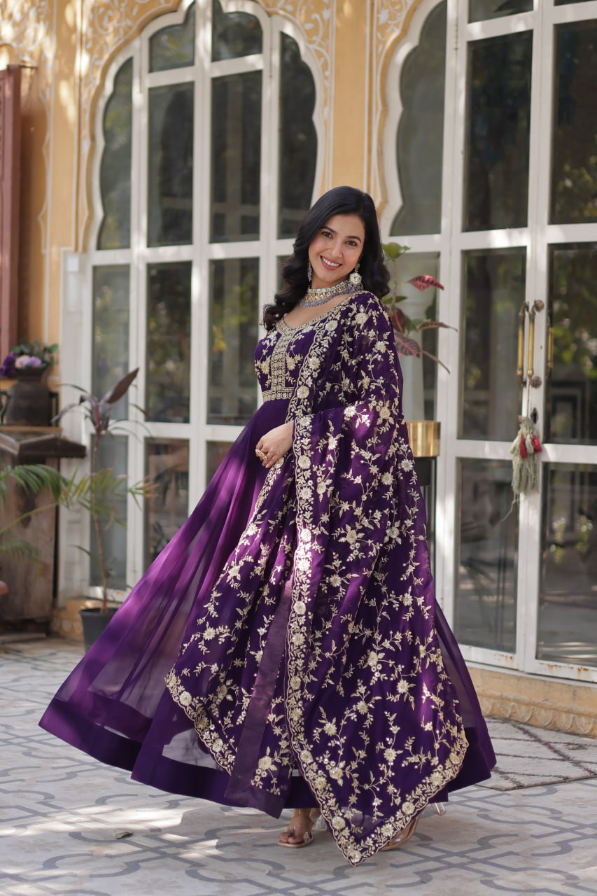 Purple color faux blooming gown with dupatta online