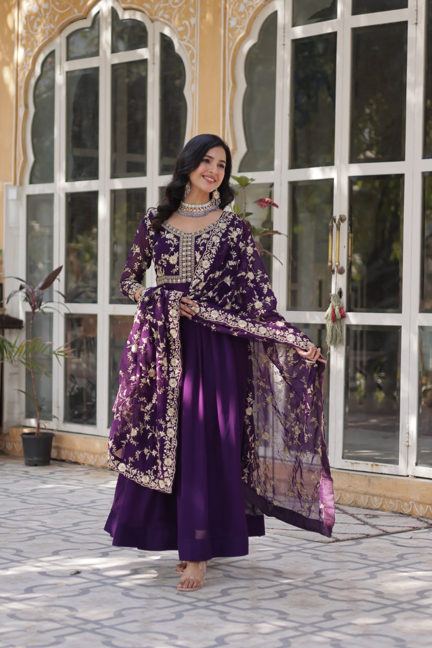 Purple color faux blooming gown with dupatta