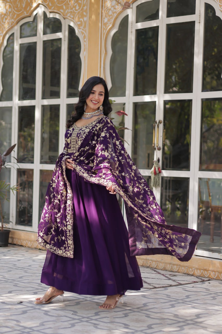 Purple color faux blooming gown with dupatta price